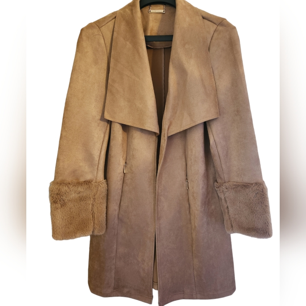 Tahari Faux Suede Duster Coat With Faux Fur Cuffs Camel Size Medium